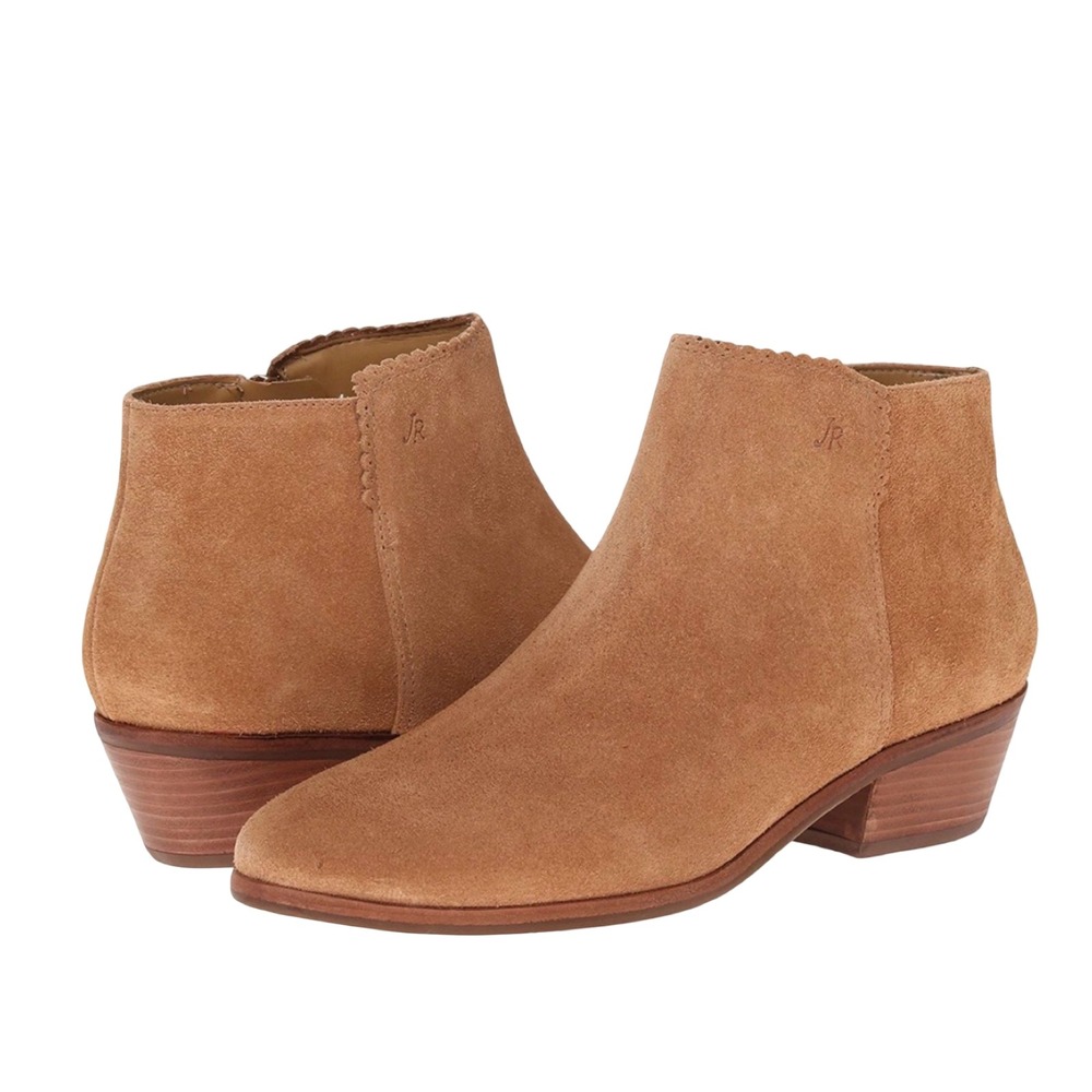 Jack Rogers Suede Ankle Boots Tan Oak Scalloped Trim Low Heel Booties Womens 9M